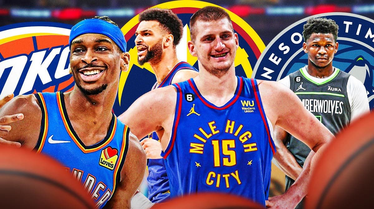 Nuggets' Nikola Jokic and Jamal Murray next to Thunder's SHai Gilgeous-Alexander and Timberwolves' Anthony Edwards