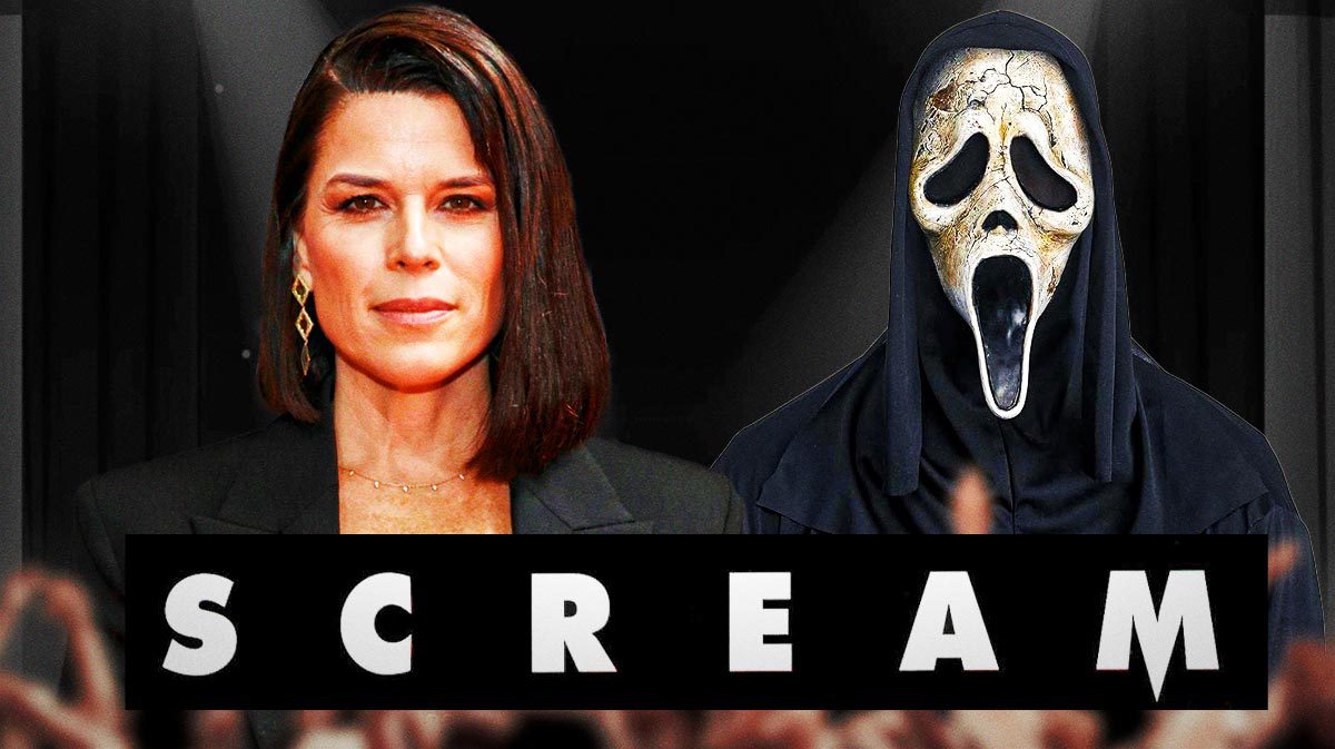 Neve Campbell and Ghostface with Scream logo.