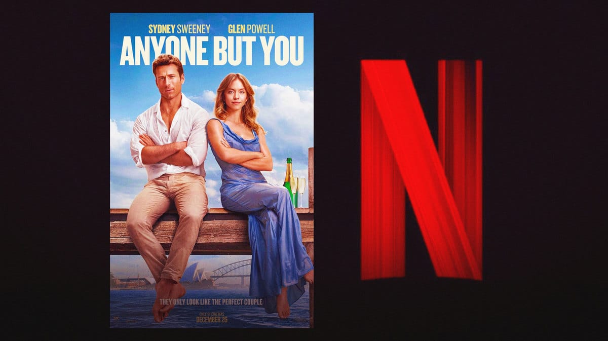 Movie poster from Anyone But You and a Netflix logo.