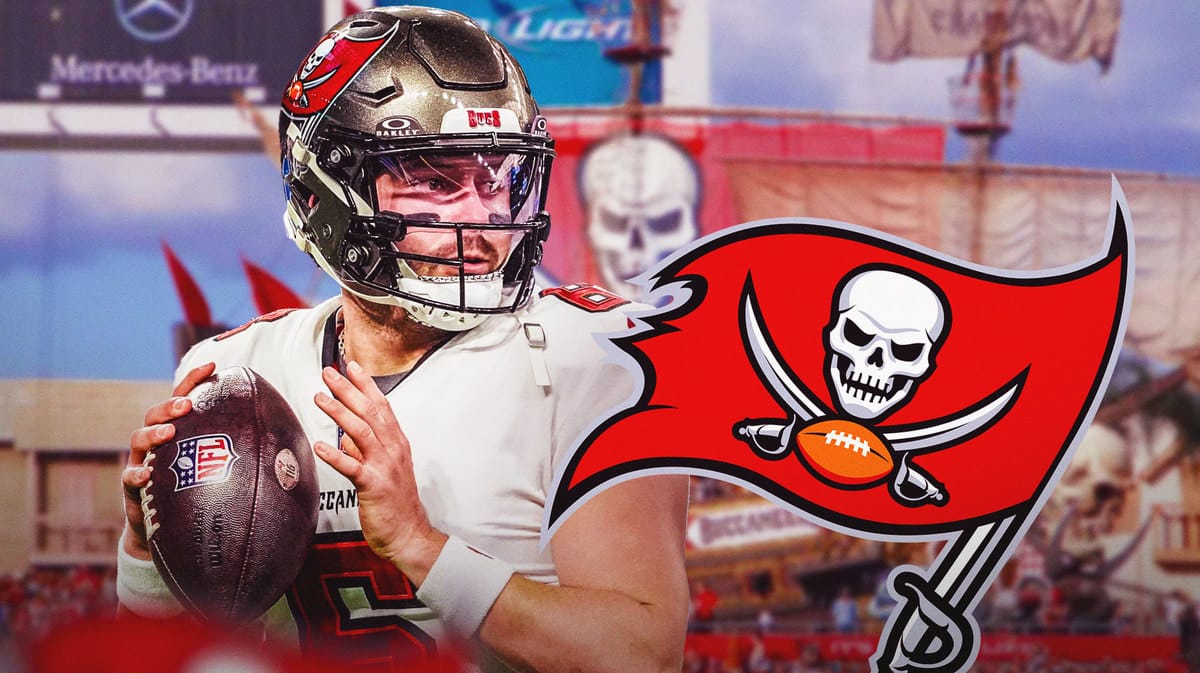 Baker Mayfield Buccaneers next to Buccaneers logo