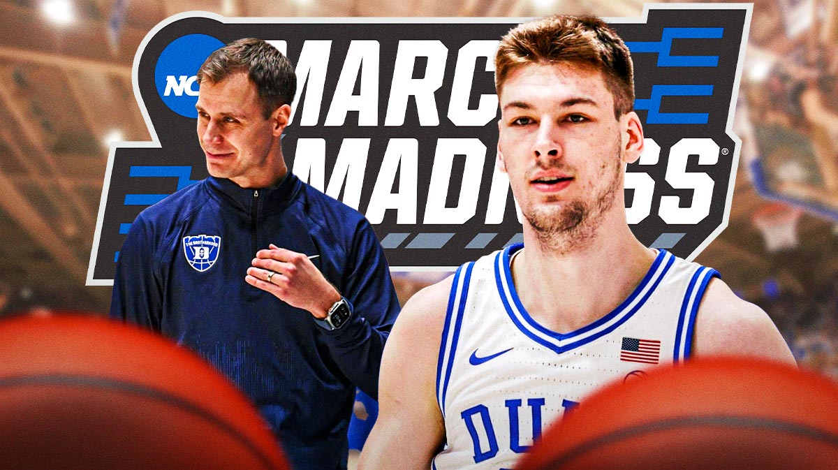 Duke basketball, Blue Devils, March Madness, NCAA Tournament, Duke Vermont, Kyle Filipowski and Jon Scheyer with March Madness logo and Duke basketball arena in the background