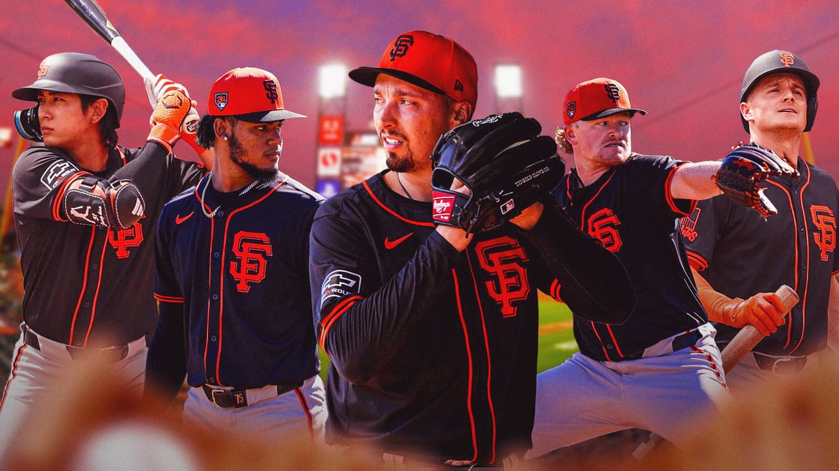 Blake Snell in a Giants' uniform next to Giants' Logan Webb and Giants' Camilo Doval in front. On left, place Giants' Jung Hoo Lee, on right, place Giants' Matt Chapman. Background: Oracle Park