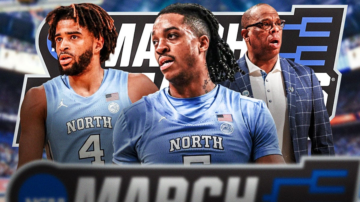 North Carolina, Tar Heels, North Carolina Wagner, NCAA Tournament, March Madness, Armando Bacot, RJ Davis and Hubert Davis with March Madness logo and North Carolina basketball arena in the background