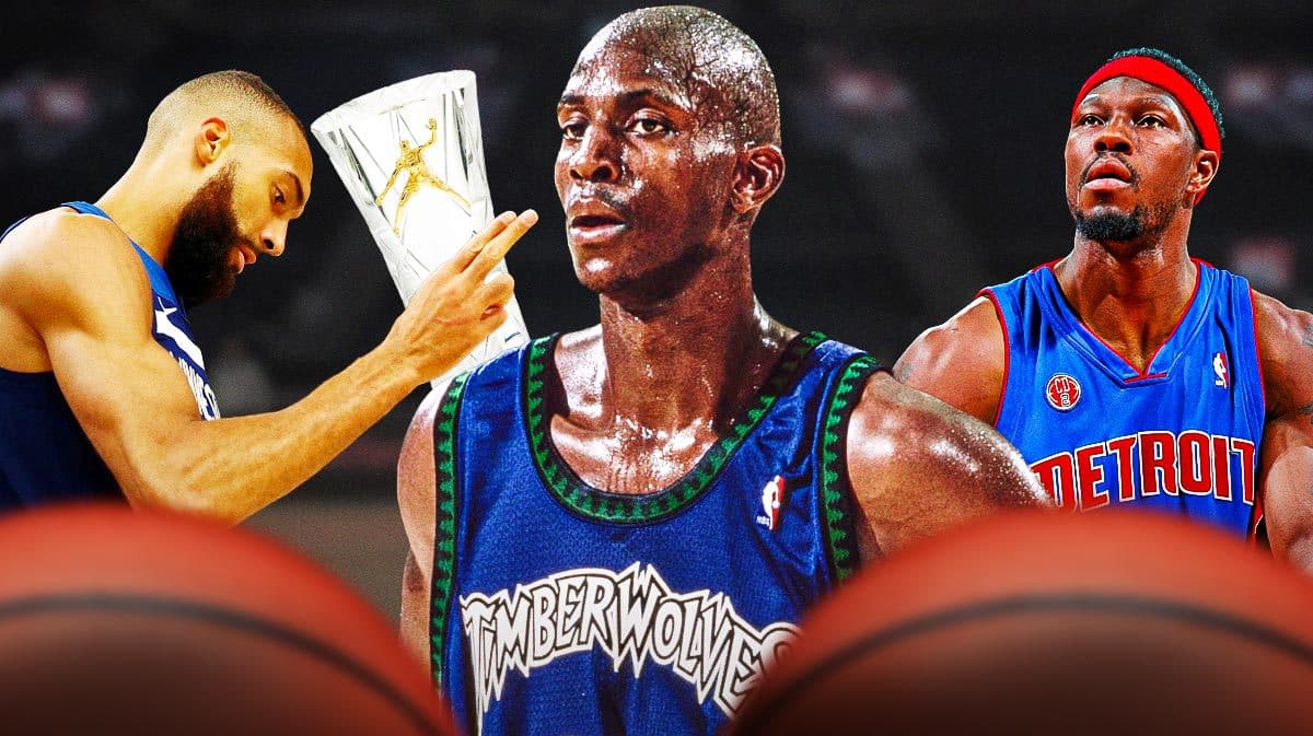 Rudy Gobert holding the new Defensive Player of the Year trophy. On the left, can we have Ben Wallace from his Detroit Pistons days and on the right can we do Kevin Garnett from his Timberwolves days