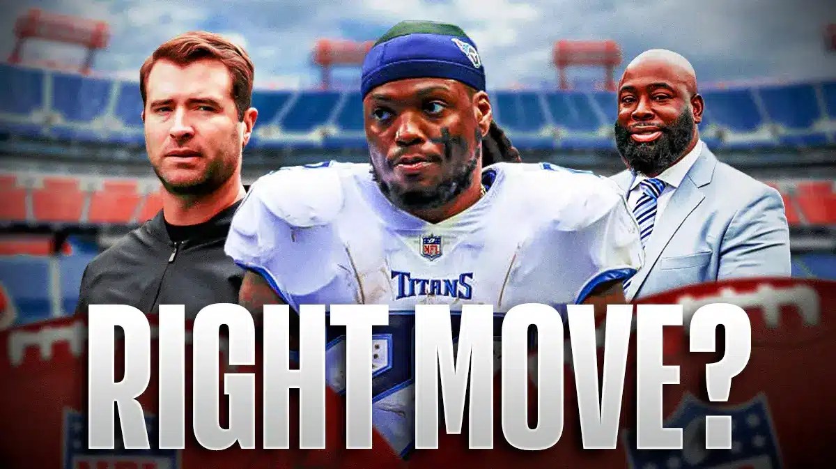 Derrick Henry in the middle, Coach Brian Callahan and GM Ran Carthon around him, and Tennessee Titans wallpaper in the background.