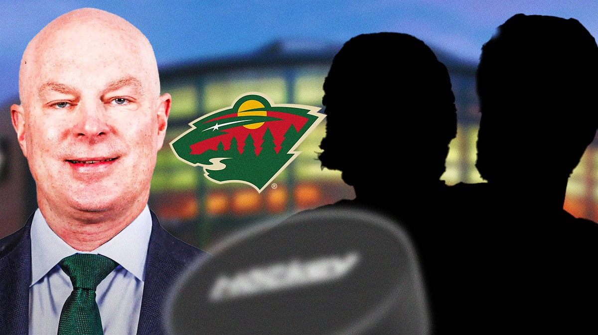 John Hynes, Minnesota Wild logo. Joel Eriksson Ek and Jonas Brodin as silhouettes