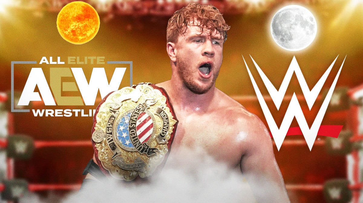 Will Ospreay in the middle with the AEW logo on his left on top of the Sun and the WWE logo over his right on top of the Moon.