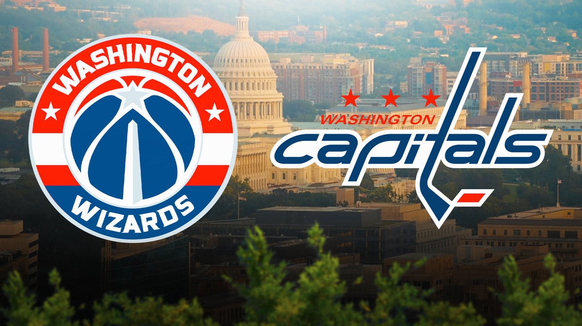 Washington Wizards logo, Washington Capitals logo, Washington DC in the background
