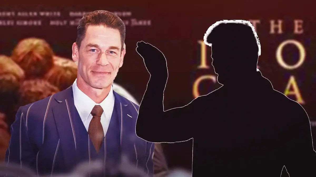 John Cena next to the blacked-out silhouette of MJF with the The Iron Claw poster as the background.