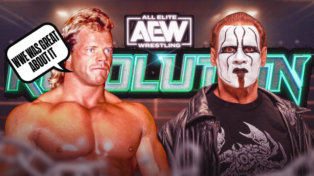 Lex Luger with a text bubble reading “WWE was great about it” next to Sting with the AEW Revolution logo as the background.