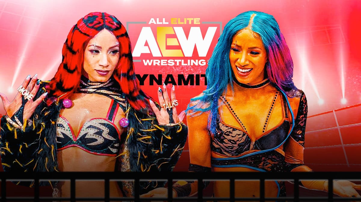 Mercedes Mone next to Sasha Banks with the AEW Dynamite logo as the background.