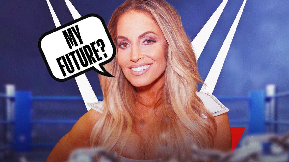 Trish Stratus with a text bubble reading “My future?” with the WWE logo as the background.