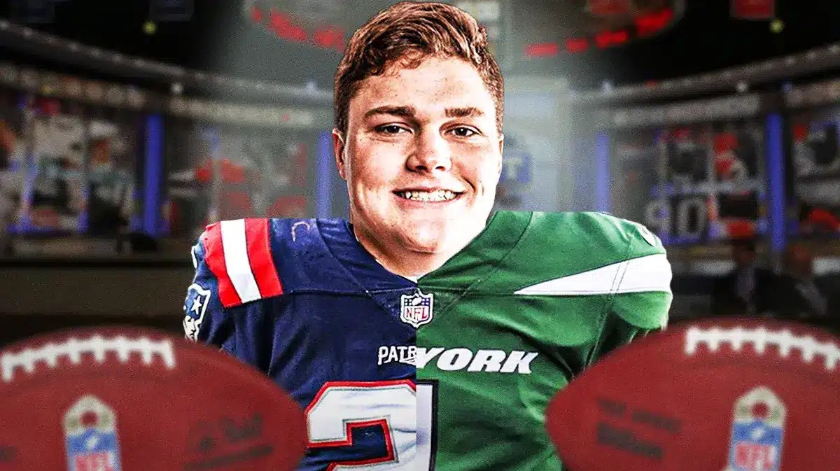 Notre Dame football O-lineman Joe Alt with half a Patriots jersey and half a Jets jersey and an NFL draft background.