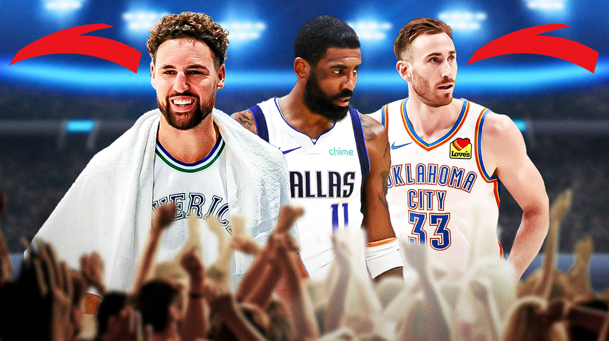Klay Thompson, Kyrie Irving and Gordon Hayward with the ANTA logo behind them.