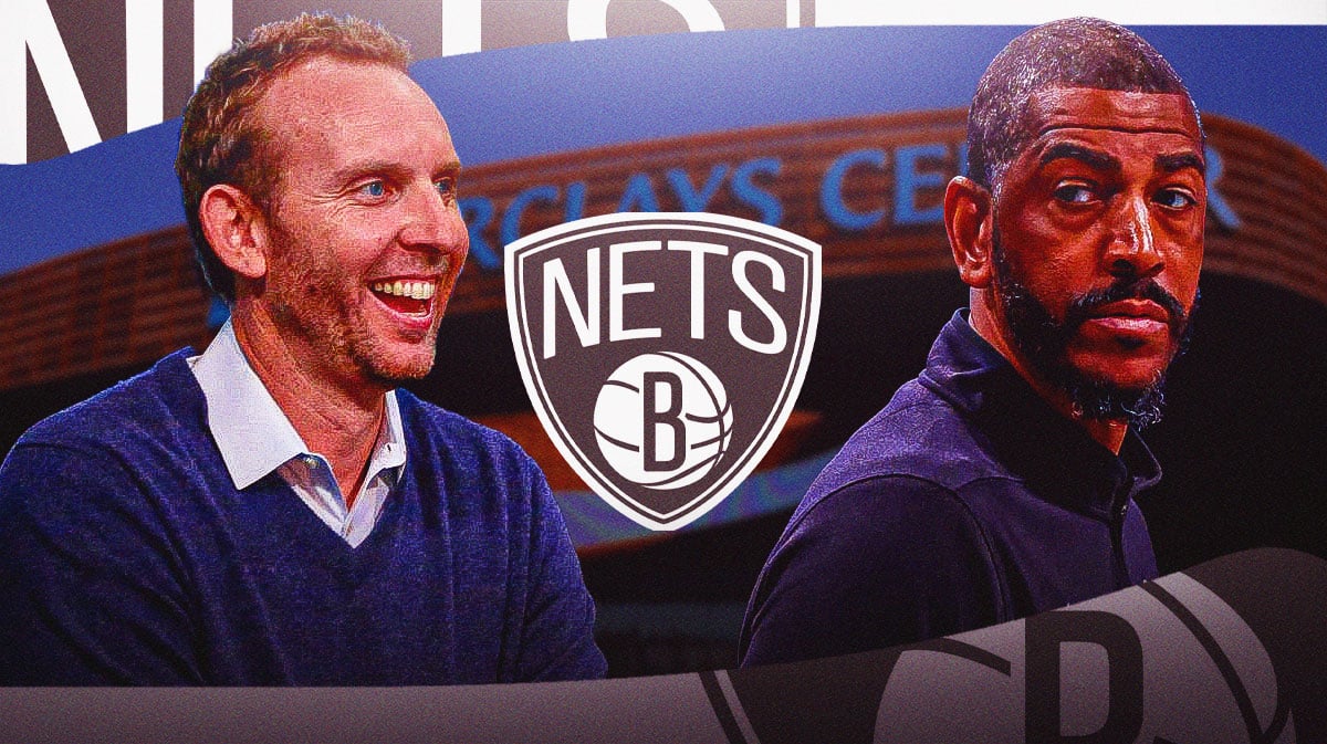 Sean Marks and Kevin Ollie next to a Nets logo at the Barclays Center
