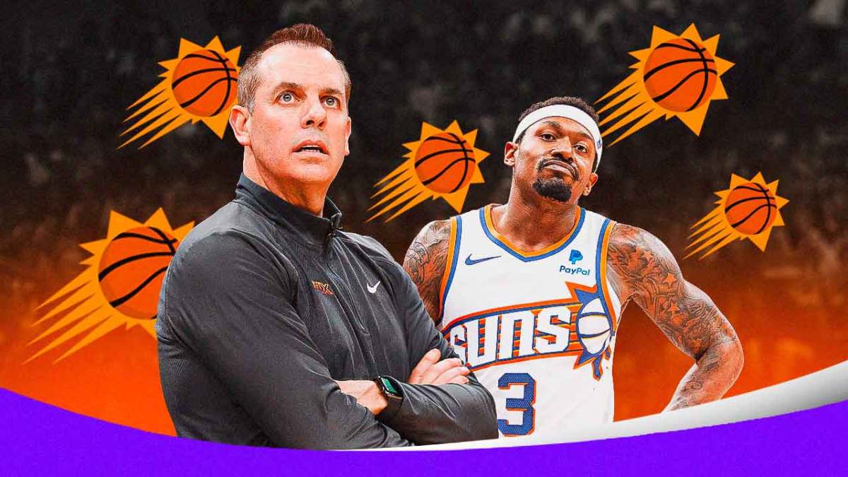 Phoenix Suns Frank Vogel looks disappointed, arms crossed. Next to him is Bradley Beal and a few Phoenix Suns logos sprinkled in front.