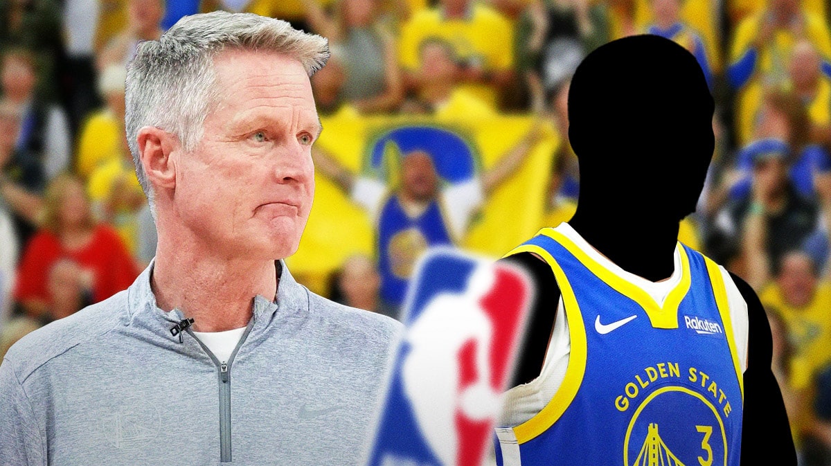 Photo: Steve Kerr looking serious coaching Warriors, a silhouette of Chris Paul in Warriors jersey