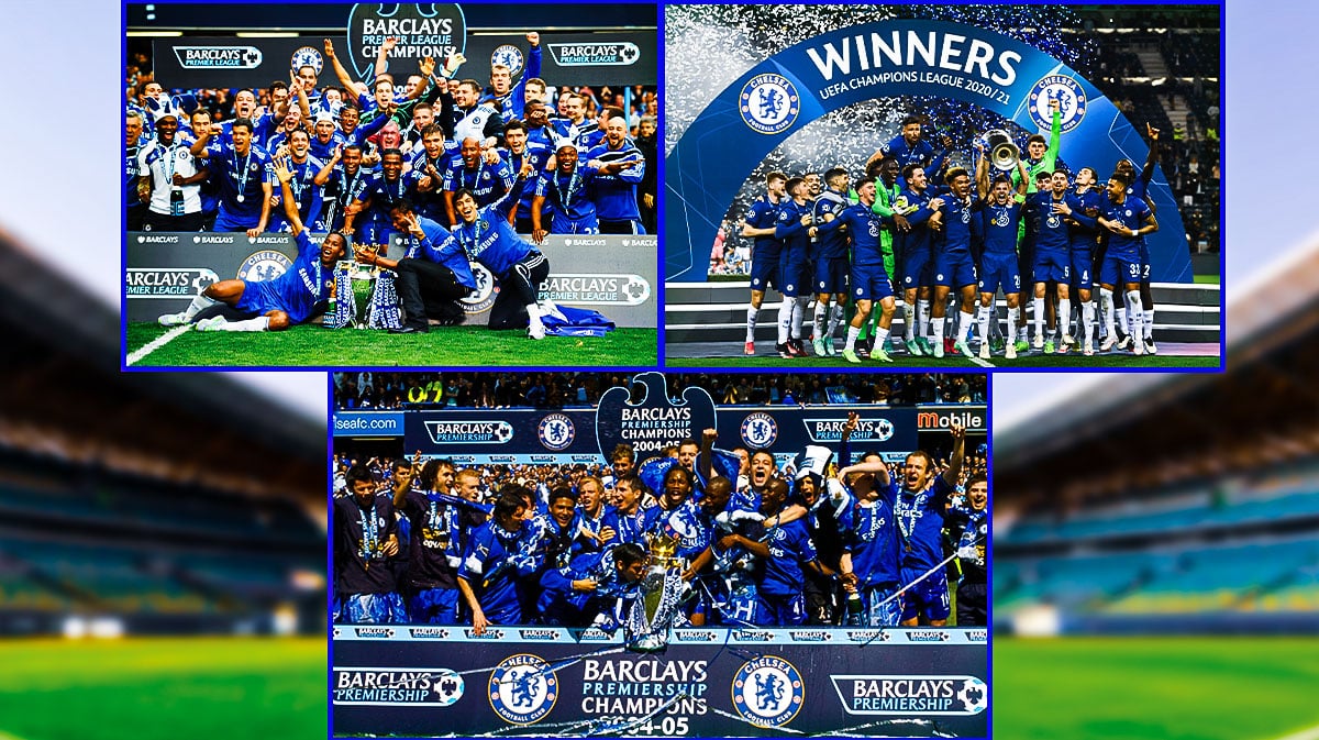2004 Chelsea with the Premier League title, 2010 Chelsea with the Premier League title, 2021 Chelsea with the Champions League title with some of the greatest players in Chelsea history