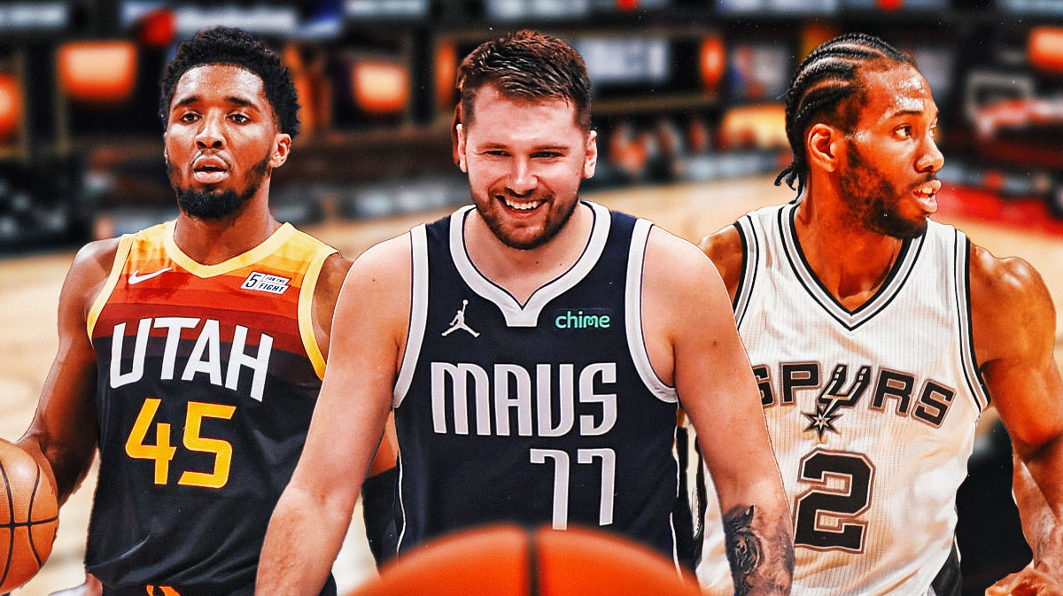 Donovan Mitchell playing for the Jazz, Luka Doncic playing for the Mavericks, and Kawhi Leonard playing for the Spurs.
