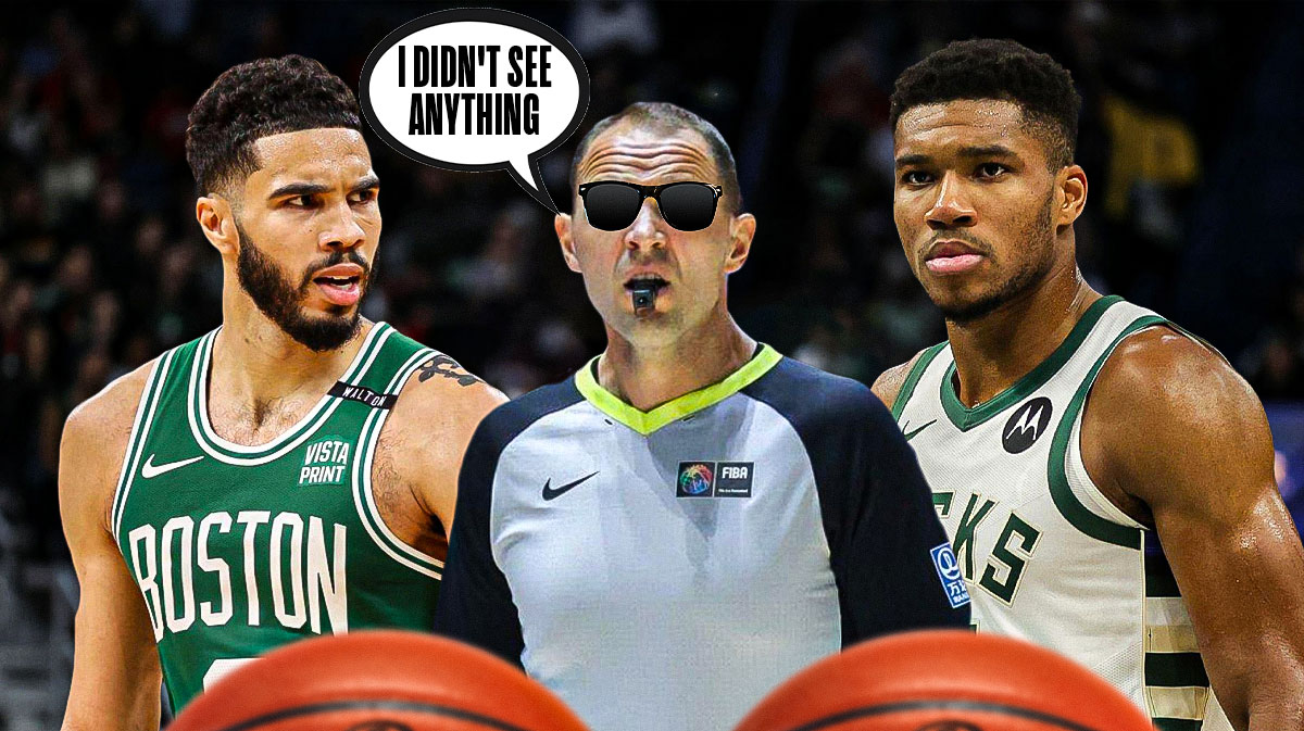 Jayson Tatum and Giannis Antetokounmpo with a ref between them saying "I didn't see anything."