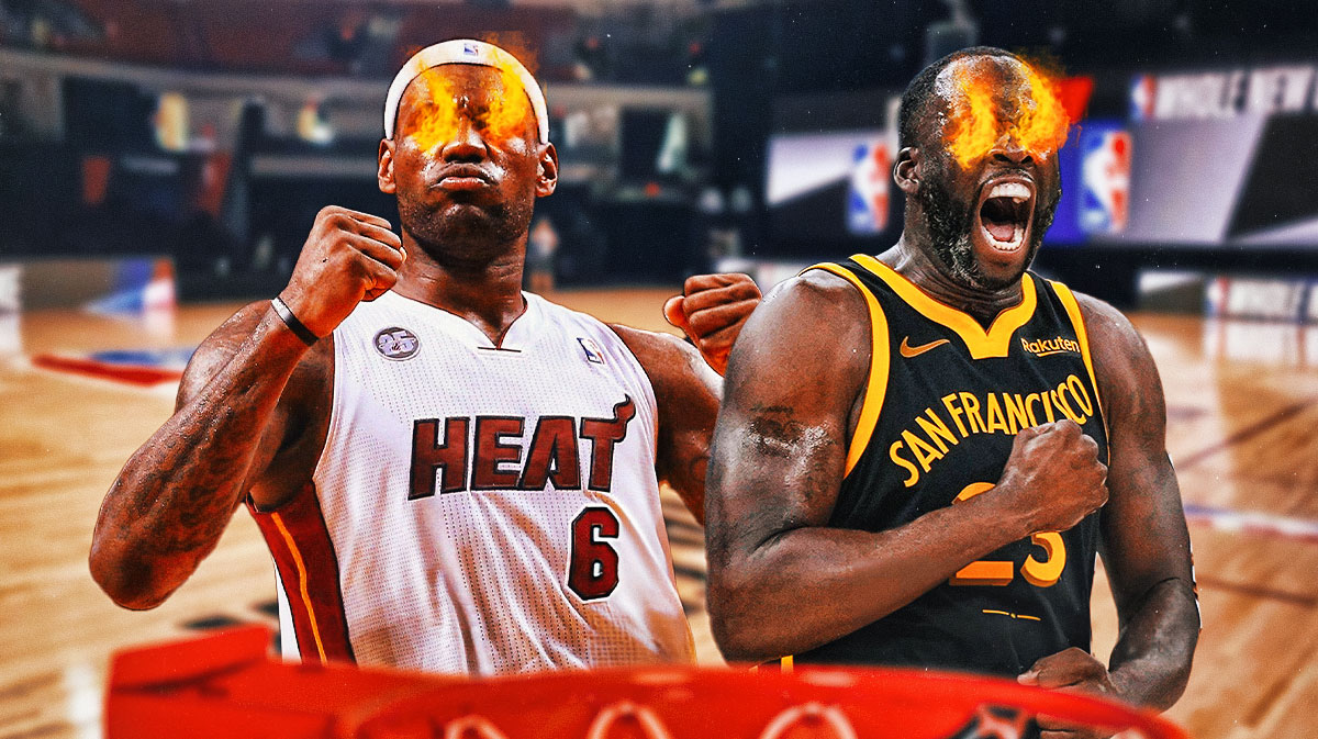 LeBron James playing for the Miami Heat and Draymond Green playing for the Golden State Warriors, both with fire in their eyes.