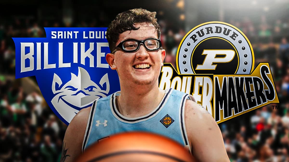 Photo: Robbie Avila in Indiana State jersey, Saint Louis Billikens, Purdue Boilermakers logos behind him