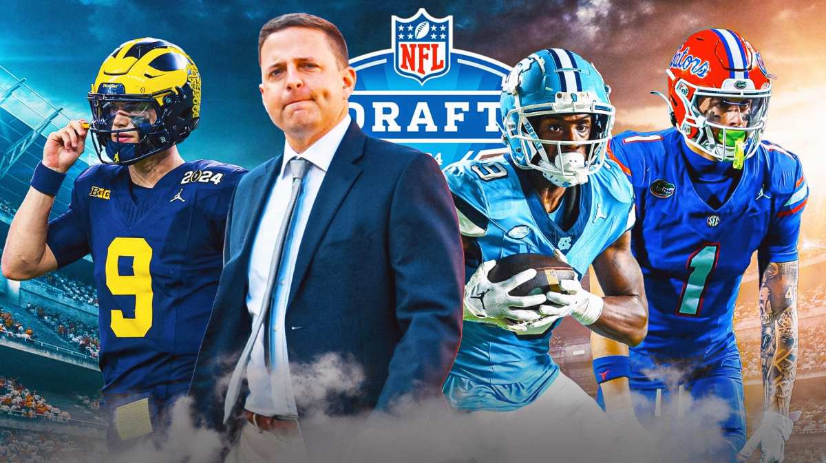 2024 NFL Draft logo with Eliot Wolf, J.J. McCarthy, Devontez Walker and Ricky Pearsall