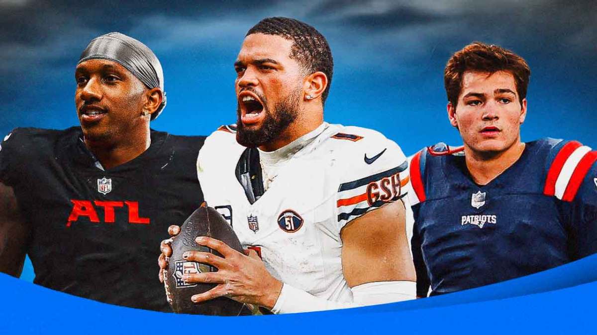 In front, Caleb Williams in a Bears jersey. In background on left, Michael Penix Jr. in a Falcons jersey. In background on right, Drake Maye in a Patriots jersey.