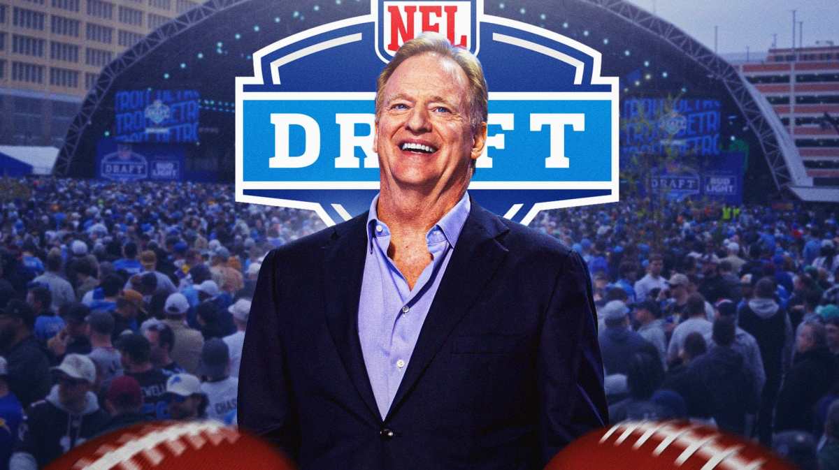 NFL commissioner Roger Goodell, with the NFL Draft logo behind him and fans.