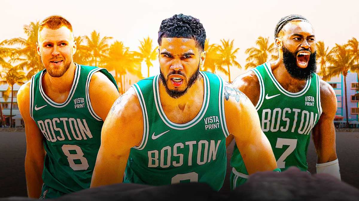 Jayson Tatum, Jaylen Brown, and Kristaps Porzingis all looking hyped on a Miami beach background