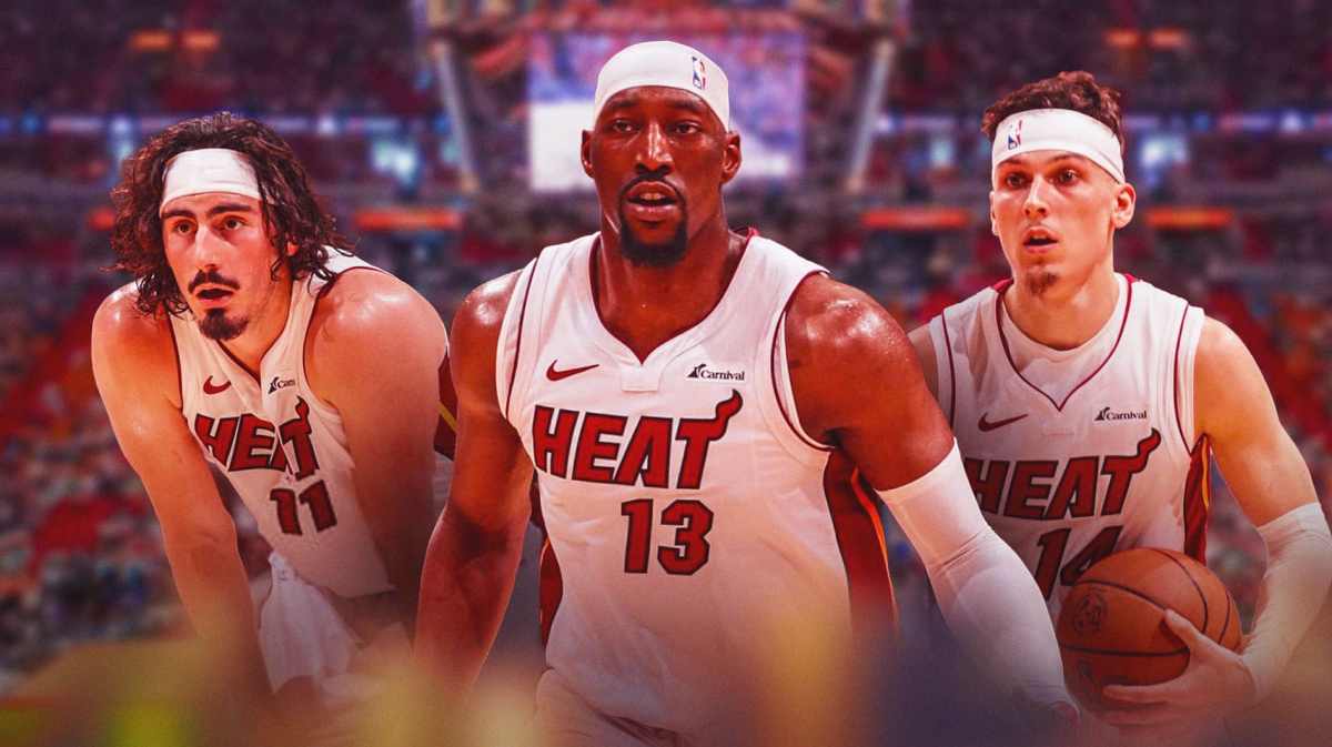 Miami Heat stars Bam Adebayo, Tyler Herro, and Jaime Jaquez Jr. in front of Kaseya Center.