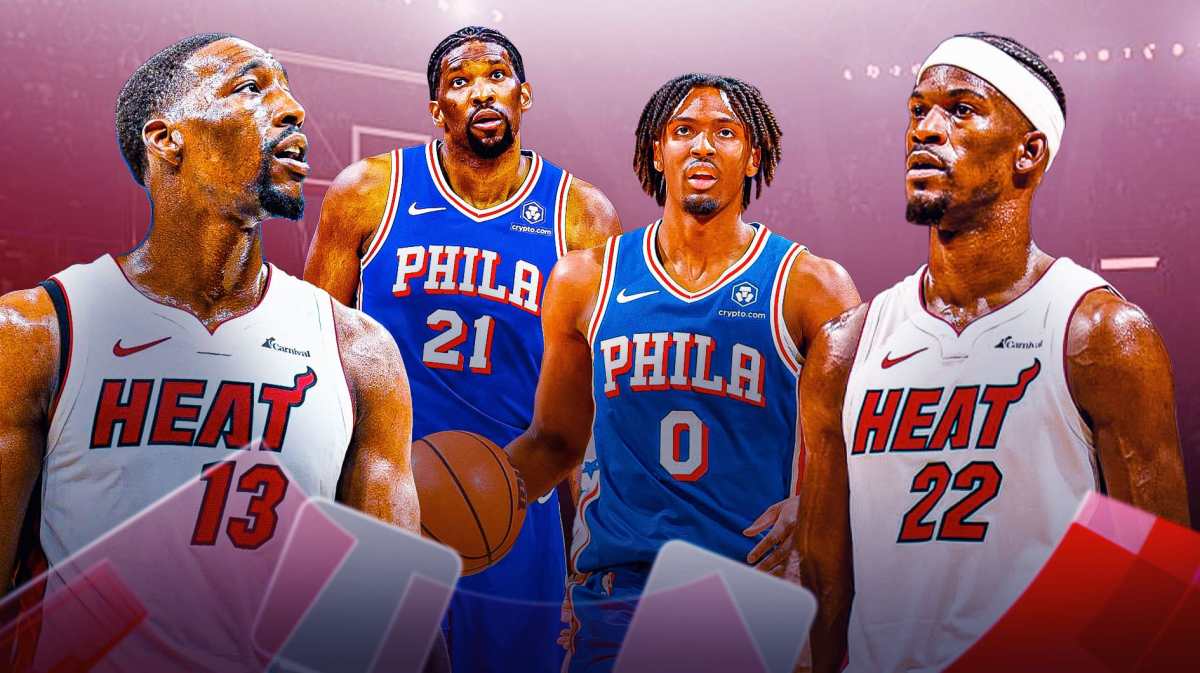 Miami Heat stars Jimmy Butler and Bam Adebayo looking at Philadelphia 76ers stars Joel Embiid and Tyrese Maxey in front of the Kaseya Center.