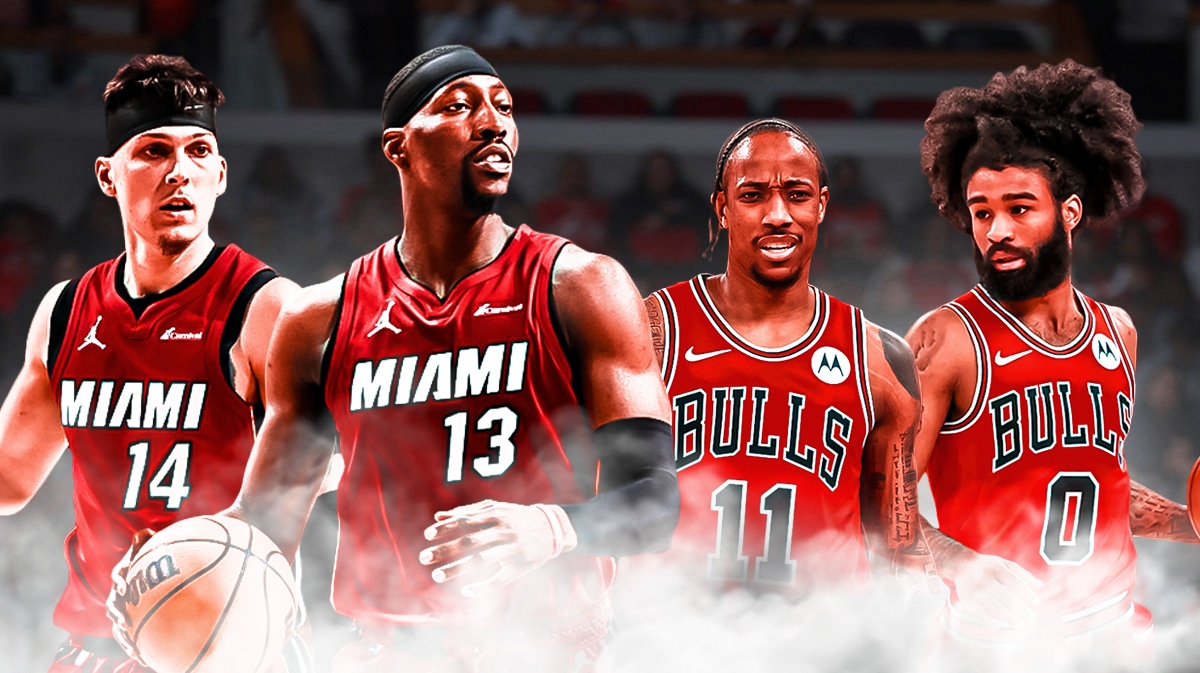 Miami Heat stars Bam Adebayo and Tyler Herro next to Chicago Bulls stars Coby White and DeMar DeRozan in front of the Kaseya Center.