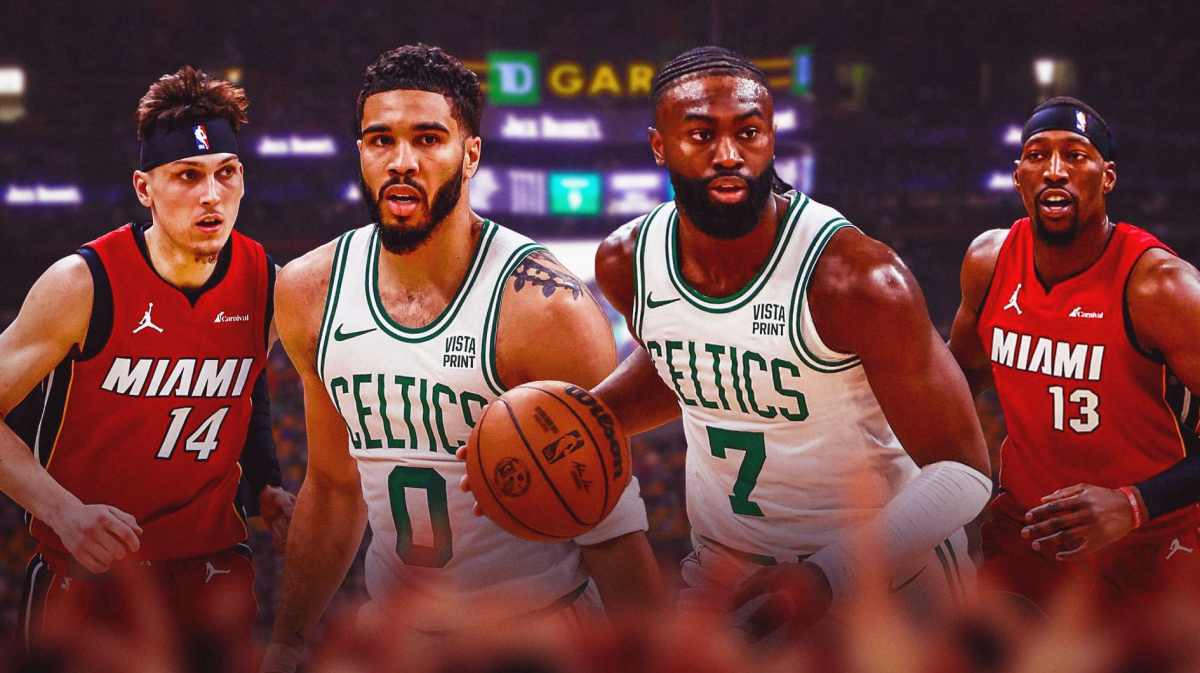 Miami Heat stars Bam Adebayo and Tyler Herro next to Boston Celtics stars Jayson Tatum and Jaylen Brown in front of the TD Garden.