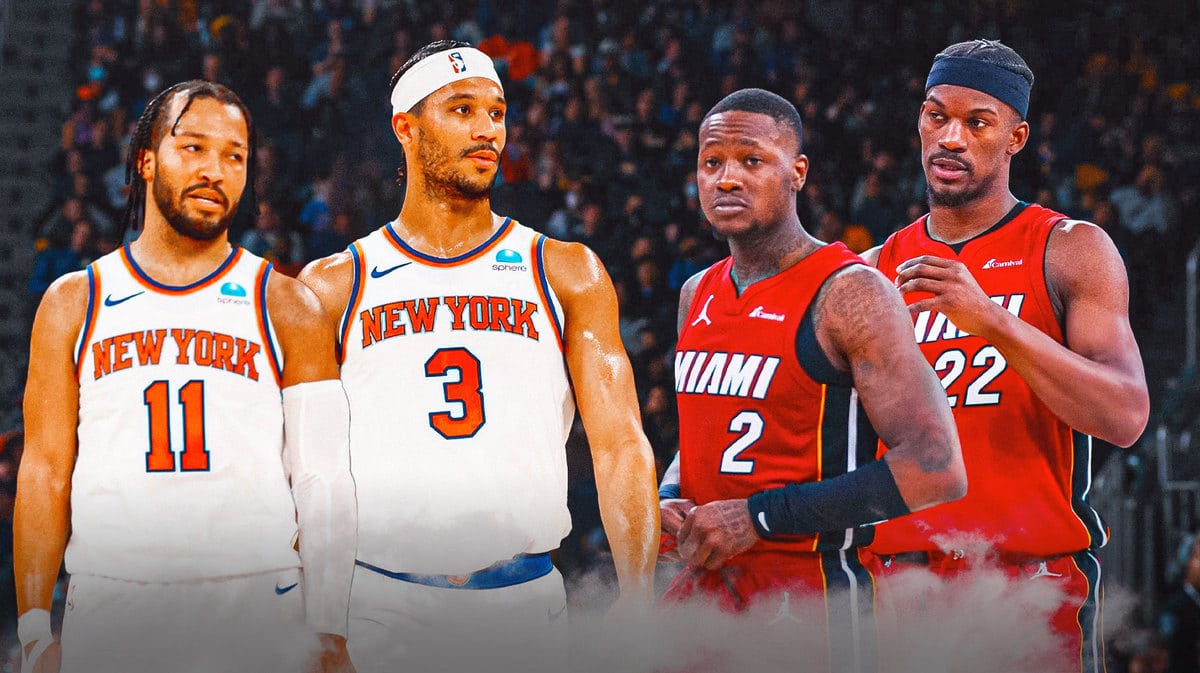Miami Heat stars Jimmy Butler and Terry Rozier looking at New York Knicks stars Jalen Brunson and Josh Hart in front of the Kaseya Center.