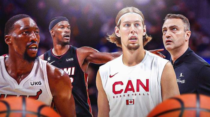 Miami Heat stars Jimmy Butler and Bam Adebayo next to Toronto Raptors star Kelly Olynyk and Darko Rajakovic in front of the Kaseya Center.
