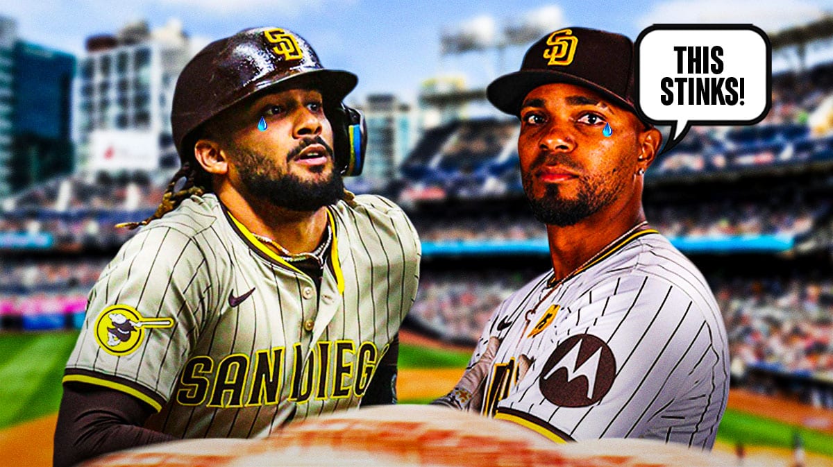 Padres' Xander Bogaerts and Fernando Tatis Jr. crying and saying "This stinks!"