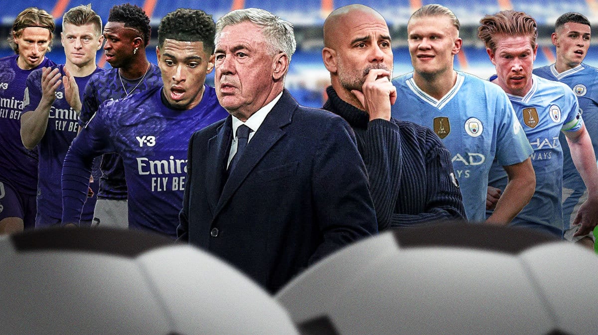 Photo: Jude Bellingham, Vinicius Junior, Toni Kroos, Luka Modric all in action in Real Madrid jerseys, Erling Haaland, Kevin De Bruyne, Phil Foden in Man City jerseys on other side, Carlo Ancelotti, Pep Guardiola both in the middle coaching