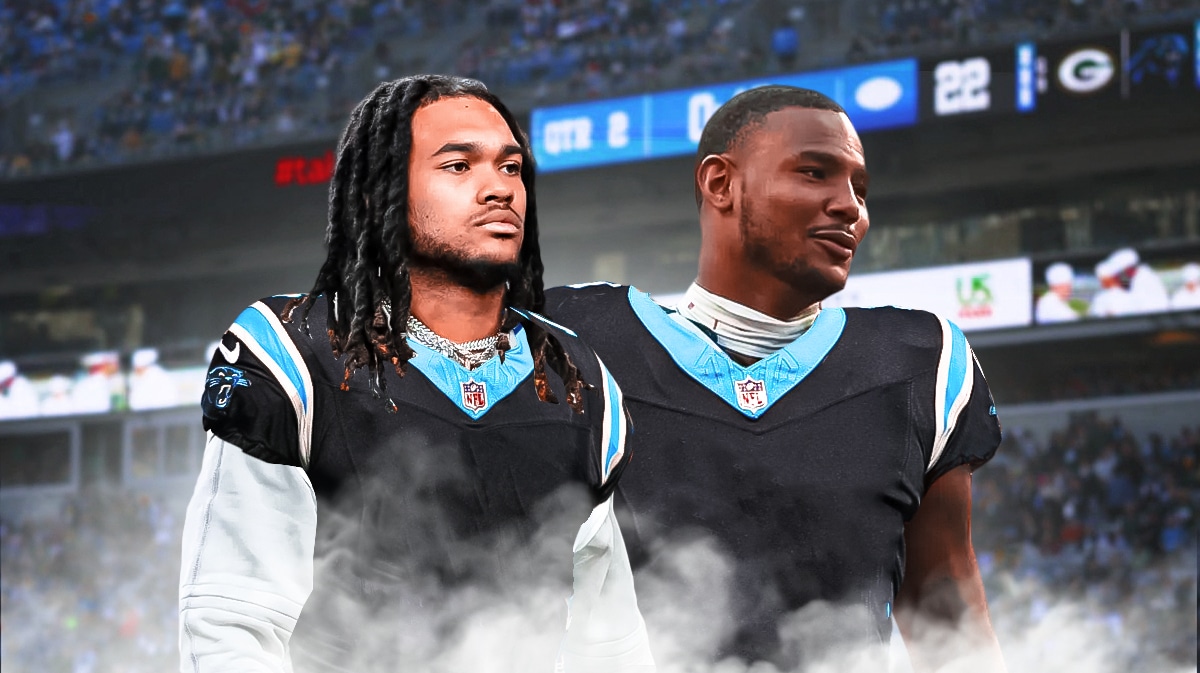 Panthers' 2024 NFL draft picks Jonathon Brooks and Ja'Tavion Sanders in Panthers uniforms.
