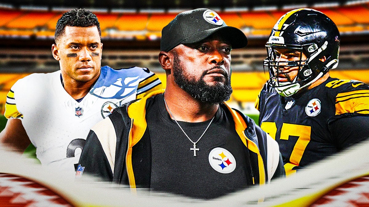 Steelers coach Mike Tomlin, with Russell Wilson on his left. On the right, Cameron Heyward.