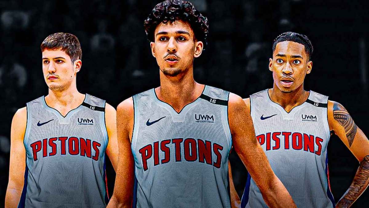 Reed Sheppard, Zaccharie Risacher and Rob Dillingham wearing Pistons jerseys