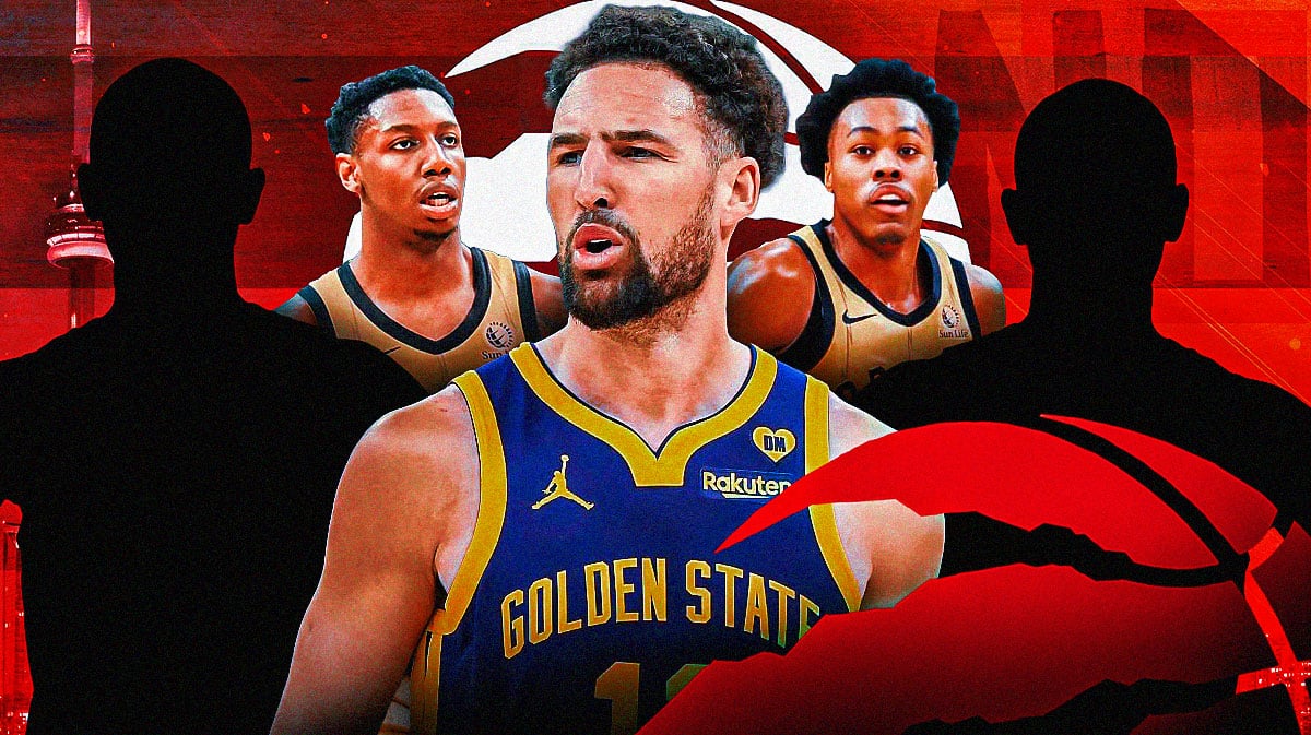 Klay Thompson in the middle, Two mystery players around him, RJ Barrett and Scottie Barnes around them, and Toronto Raptors wallpaper in the background
