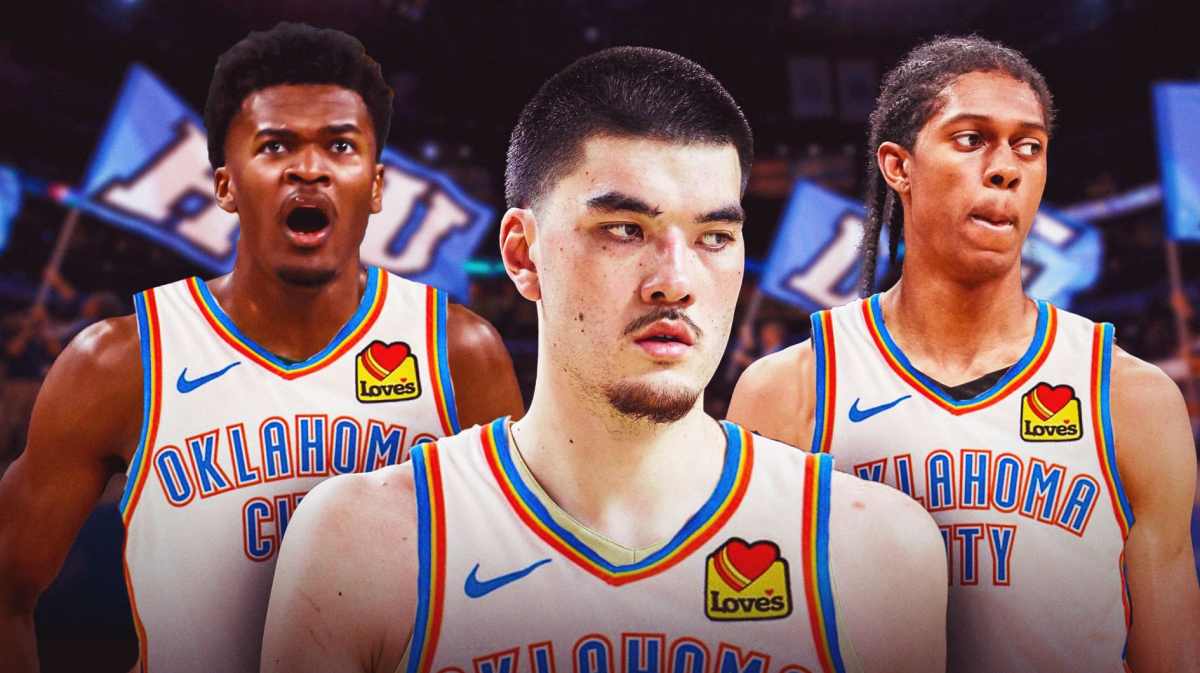 Zach Edey, Yves Missi and Cody Williams wearing Thunder jerseys