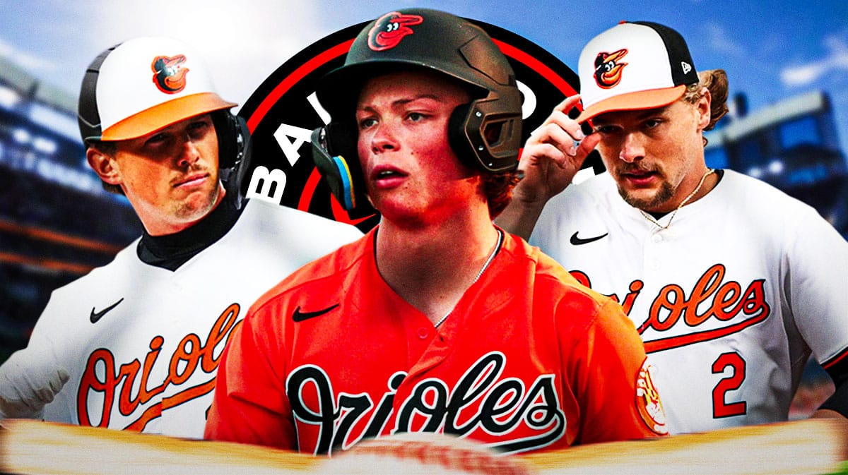 Jackson Holliday in middle, Adley Rutschman and Gunnar Henderson on either side, Baltimore Orioles logo, baseball field in background