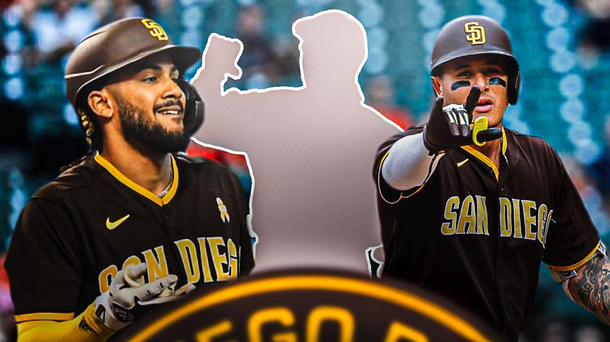 Fernando Tatis Jr. and Manny Machado on one side, three silhouettes of baseball players on the other side. Padres early-season move