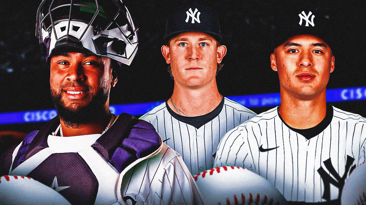 Elias Diaz with Yankees Clayton Beeter, and Anthony Volpe