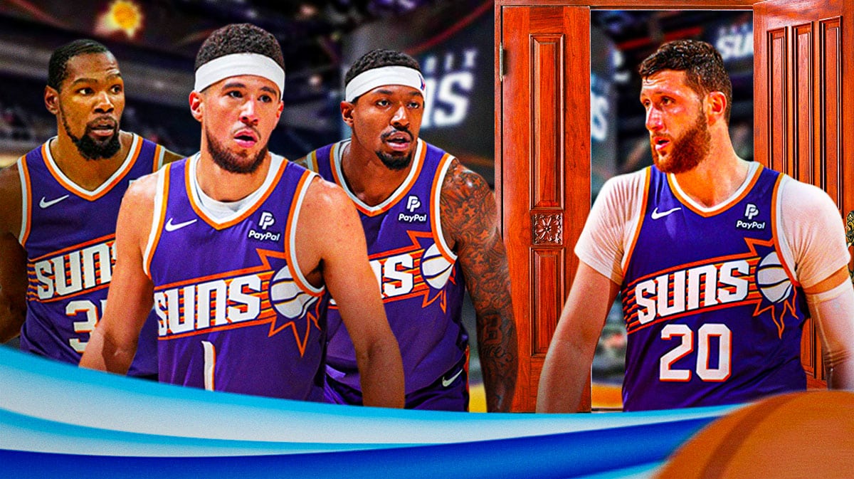 Photo: Kevin Durant, Bradley Beal, Devin Booker in action, Jusuf Nurkic behind them with an open door behind him, all players in Suns jerseys.