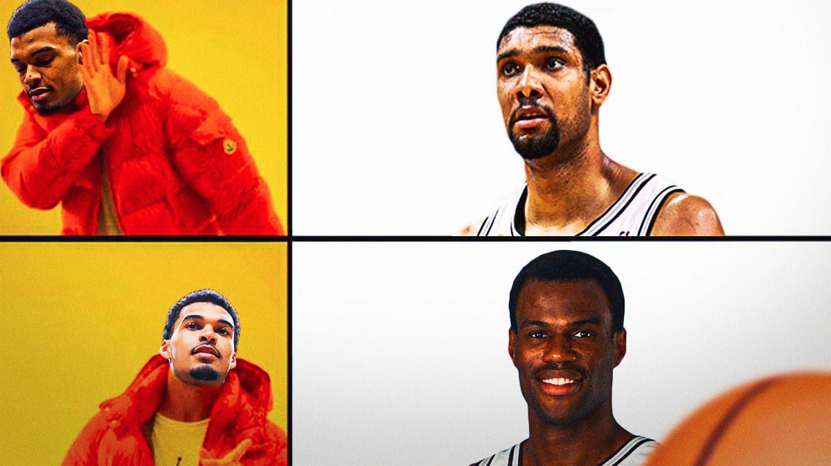 Spurs' Victor Wembanyama doing Drake Hotline Bling meme with Tim Duncan and David Robinson