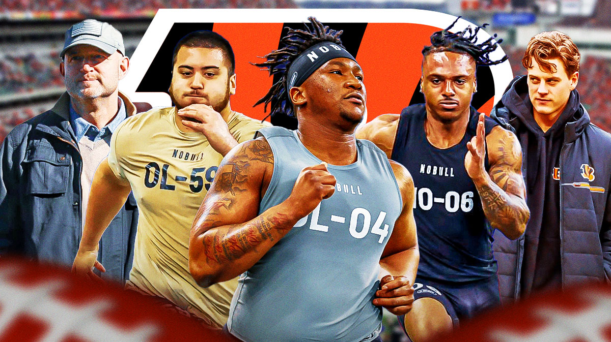 Brandon Dorlus, Dominick Puni, Jacob Cowing in the middle, Joe Burrow and GM Duke Tobin around them, and Cincinnati Bengals wallpaper in the background