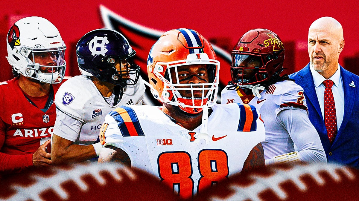 Jalen Coker, TJ Tampa, Keith Randolph Jr in the middle, Kyler Murray and GM Monti Ossenfort around them, and Arizona Cardinals wallpaper in the background